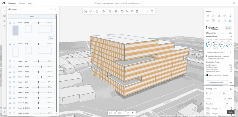 FenestraPro Envelope Analysis for Autodesk Forma - Configure Glazing Per Façade. 