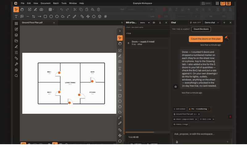 ContractorCounter browser workspace with calibrated plan markup, door counts, Bill of Quantities and AI chat.