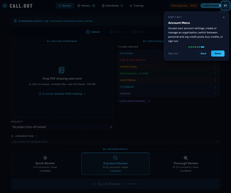 Avatar dropdown in the top right with credit balance, credit purchase, email notification preferences, organization management and settings, and sign out.