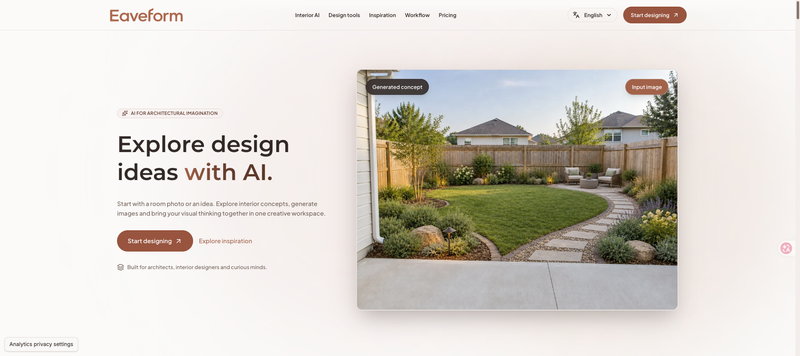 Eaveform Homepage – AI Design and Architectural Visualization