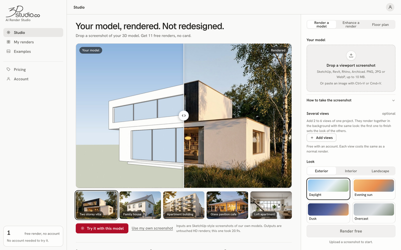 3Dstudio.co AI Render pricing, case studies, alternatives & more