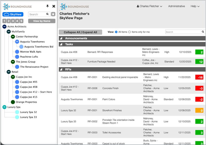 Skyview - See all your active projects in one unified dashboard. Track submittal status, RFI responses, and project milestones across your entire portfolio.