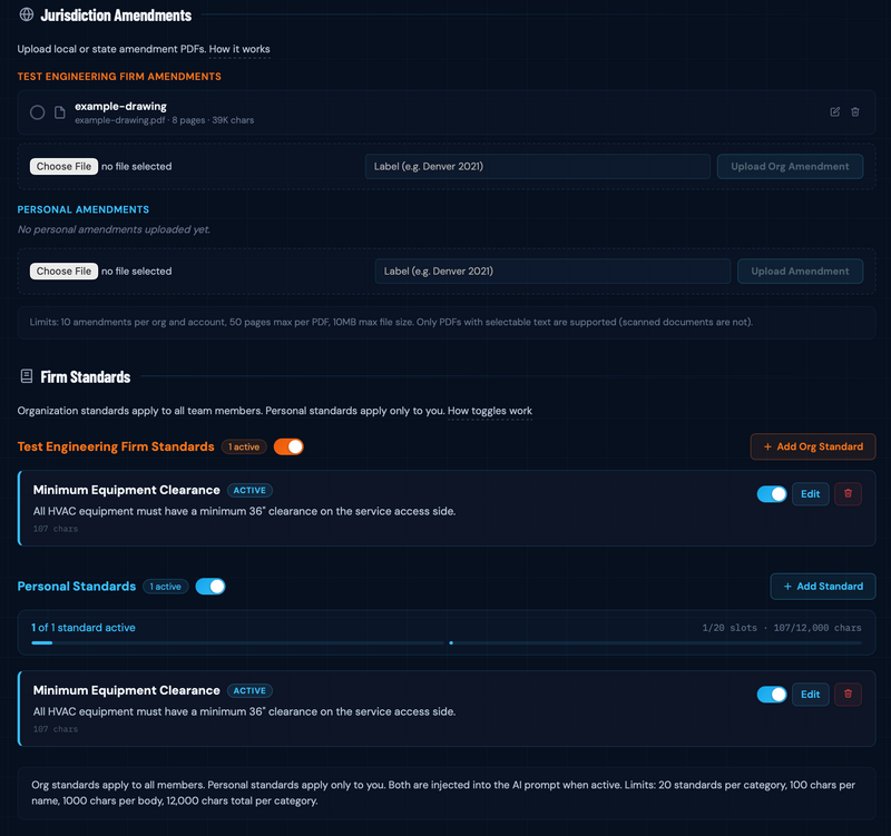 Add individual or firm-level (shared) requirements and local jurisdiction amendments to be checked automatically on every review. Toggle each on/off individually as desired. 
