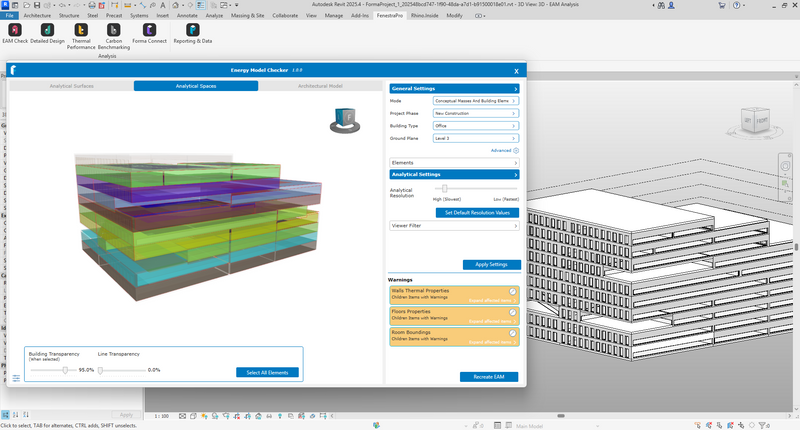 FenestraPro for Revit, EAM Check - Visually identify and resolve Energy Analysis Model issues in Autodesk Revit.