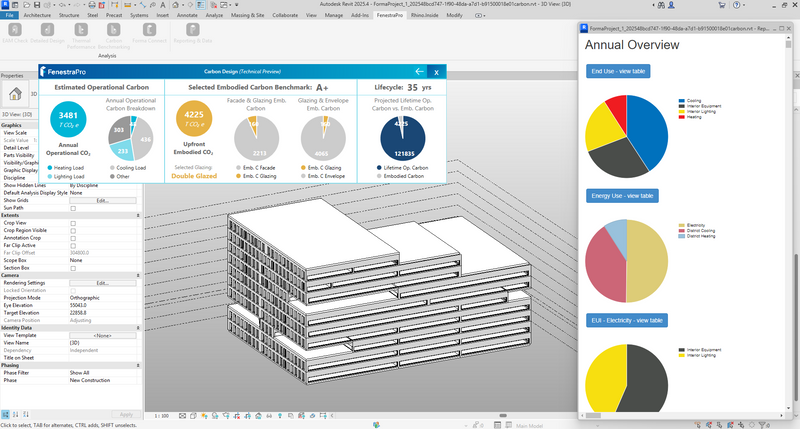 FenestraPro for Revit, Carbon Benchmarking - Compare Embodied and Operational Carbon to understand the trade off.