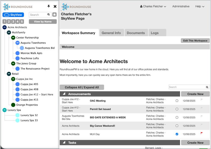 Workspace Summary - Your project homepage with key metrics, critical information, and announcements rolled up from all project activities. Upload logos, renderings, and project details for instant project context.