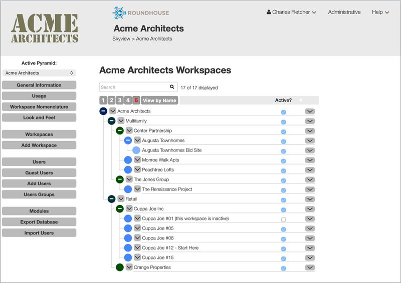 Workspaces - Roundhouse mirrors the way architecture firms are organized. Build a custom hierarchy—Firm → Studio → Client → Project—so every workspace inherits the structure of your practice. This creates instant clarity, consistent organization, and portfolio-wide visibility across all projects and teams.