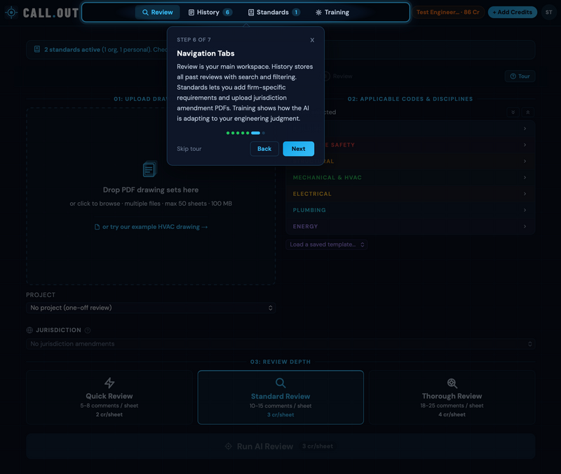 Review, History, Training, Standards, Organization. Each tab gives quick access to a different part of the workflow: running new reviews, browsing past results, tracking AI accuracy over time, managing firm standards and jurisdiction amendments, and configuring your team.