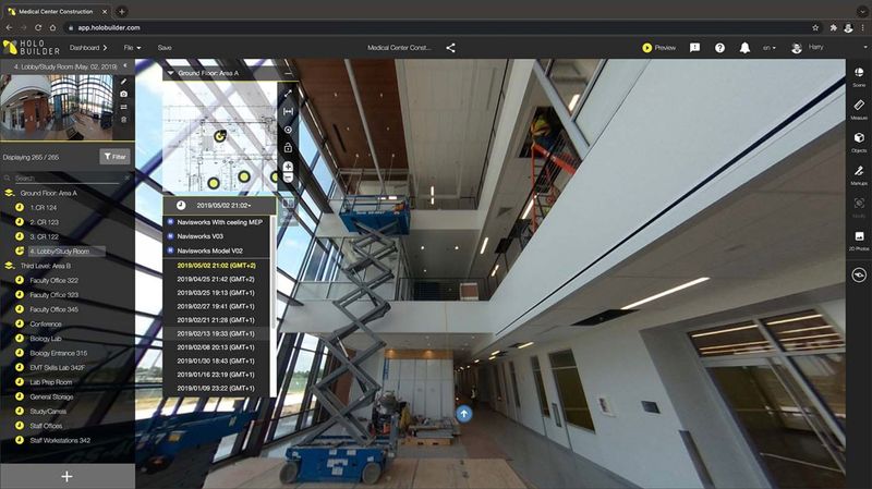 The HoloBuilder interface includes a 360 photo viewer for navigating the 360° photos of the project site that have been captured | AECbytes