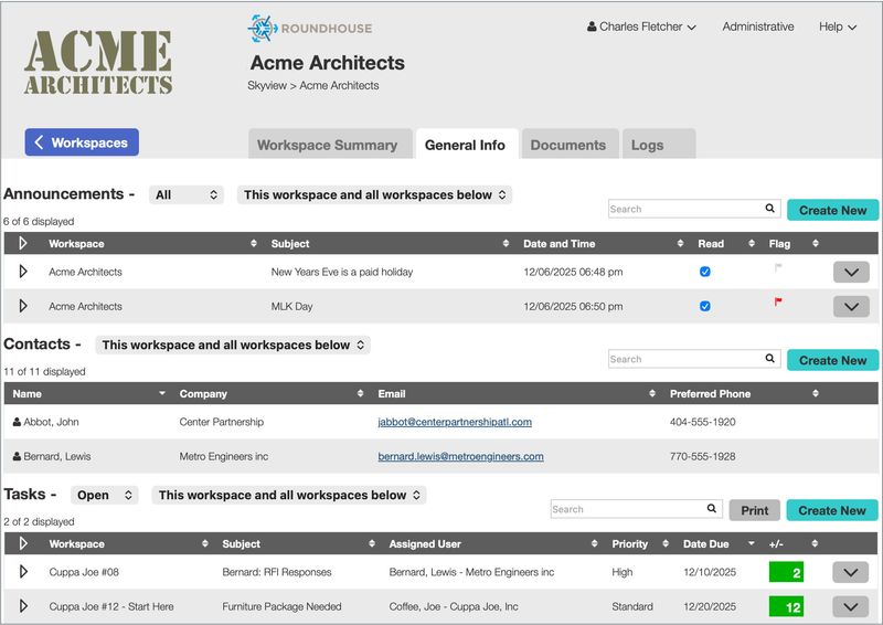 Project Information - Centralize project updates, contacts, and tasks in one place—post announcements instantly, maintain firm-wide contact access, and assign/track to-dos with roll-up visibility across every project.