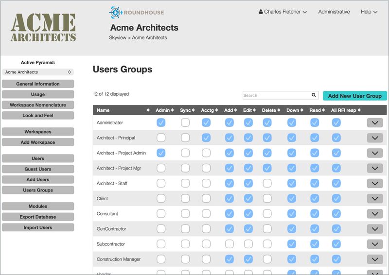 User Management - Roundhouse mirrors the way architecture firms are organized. Build a custom hierarchy—Firm → Studio → Client → Project—so every workspace inherits the structure of your practice. This creates instant clarity, consistent organization, and portfolio-wide visibility across all projects and teams.