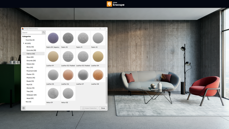 Access more than 392 predefined high-quality materials in the Enscape Material Library. 